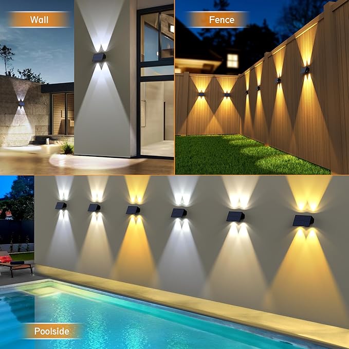 Solar Wall Lights Outdoor,6Pack Fence Lights Solar Powered 2700/4500/6000K 3 Modes Up & Down Waterproof 100 Lumens Dusk to Dawn Fence Light for Outside/Backyard/Pool/Railing/Patio/Porch/Step