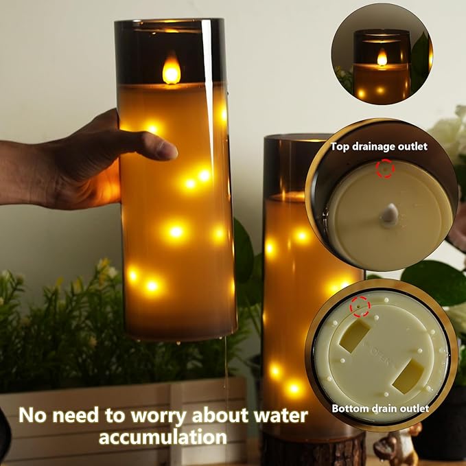 kakoya 11" x 4" Large Outdoor Waterproof Flameless LED Candles with Remote and Timer,Acrylic Pillar Candles Battery Operated with Embedded Star String for Porch,Patio,Outdoor Decor,Set of 2(Grey)