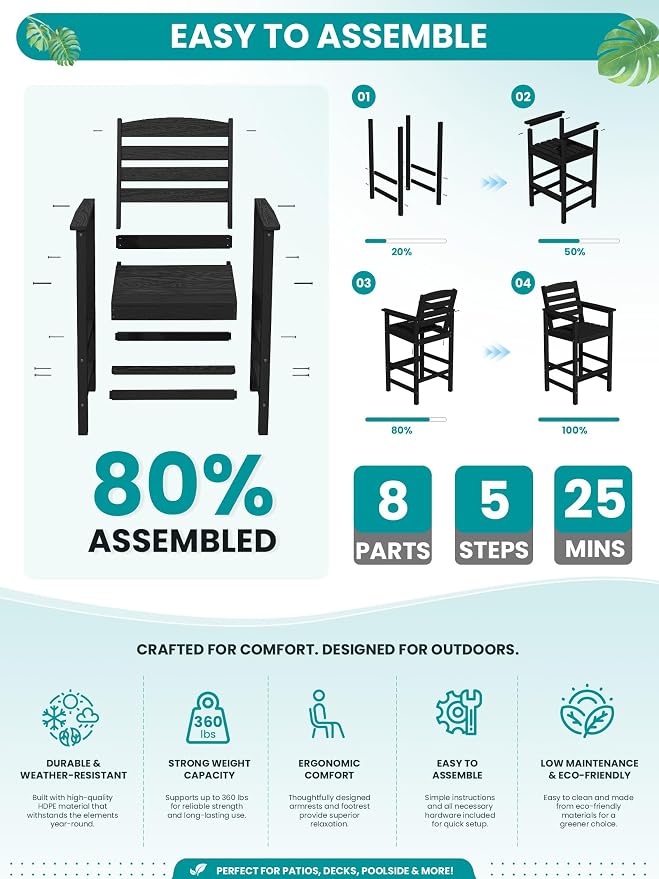 SERWALL Tall Adirondack Chairs Set of 2, Balcony Adirondack Chairs Set, Outdoor Bar Height Widened Chair Set for Bistro, Poolside, Garden, Black