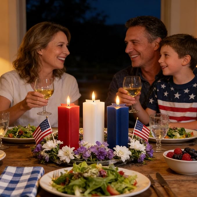 4th of July Flameless Candles with Remote, Red White and Blue Patriotic LED Candles, Battery Operated Star Shaped Decorative Candles for Independence Day Home Party Decor, Set of 3