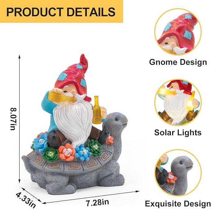 Gnome Garden Decor Statue with Solar Light Lantern, Turtle with Succulent Birthday Gifts for Women Mom Grandma, Funny Waterproof Resin Figurine Outdoor Decorations for Yard Patio Lawn Balcony Porch