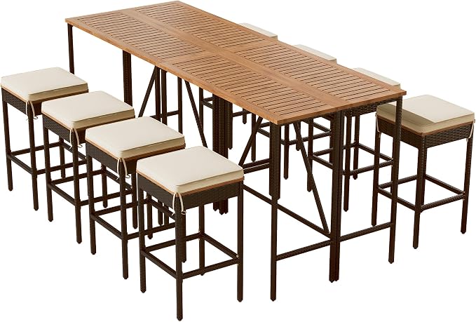 Merax 10-Piece Patio Table and Chairs Set for 8, Counter Height Acacia Wood PE Rattan Wicker Dining Table and 8 Stools with Cushions, Foldable Tabletop, Outdoor All-Weather Dining Table Set, Brown