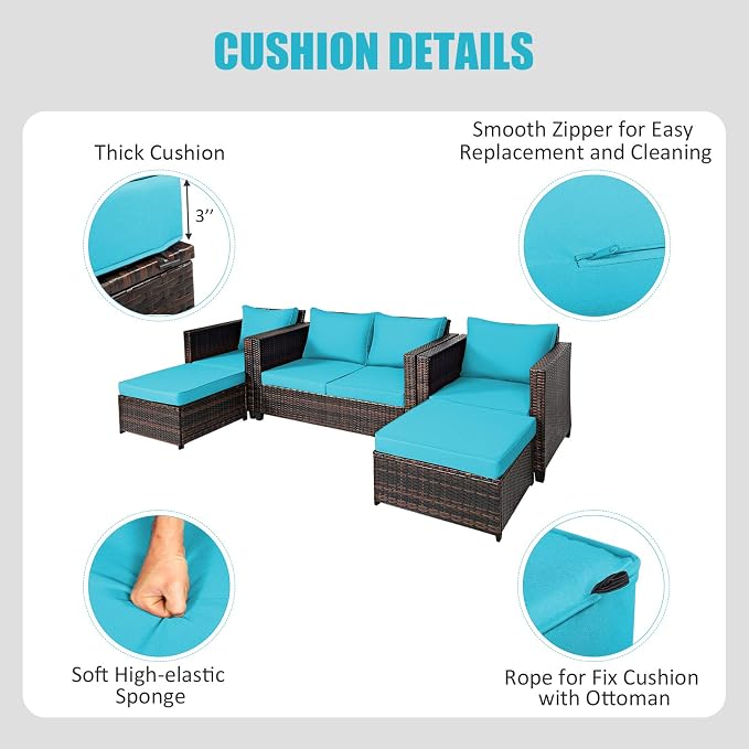 Tangkula 5 Pieces Patio Wicker Furniture Set, Outdoor Rattan Sofa Set with Loveseat, 2 Single Sofas, 2 Ottomans & Removable Cushions, Sectional Daybed Sofa Set for Yard, Garden, Poolside, Turquoise