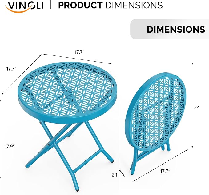 VINGLI Patio Folding Side Table, Small Outdoor Table with Everlasting Floral Pattern and Sturdy X-Shaped Metal Frame Ideal for Indoor & Outdoor Balcony, Porch, Backyard, Deck, Blue, 1 Pack