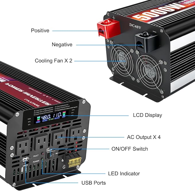 LVYUAN 5000 Watt Power Inverter 48V to 110V 120V for Vehicle, Solar Inverter System, Heavy Duty, RV, Truck, Off Grid,Camping with 4 AC Outlets, LCD Display, Wireless Remote Control, Car Power Inverter