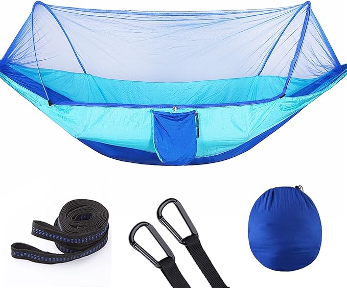 Outdoor Automatic Hammock with Mosquito Net Nylon Portable Lightweight Double Hammock for Camping with 2m Tree Straps Blue 9.5'x4.5'