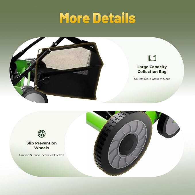 Push Reel Lawn Mower 20-Inch 5-Blade Manual Push Mower No Motor 1.33-2.51 in Adjustable Cutting Height Walk-Behind Lawn Mowers with Grass Catcher Bag Walk-Behind Steel Lawn Mowers