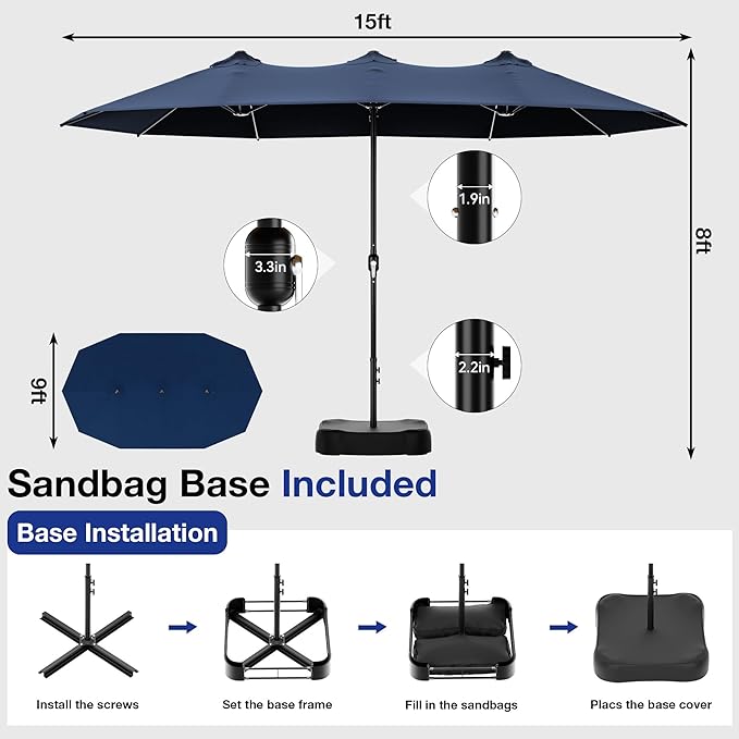 Joyside 15FT Large Patio Umbrella, Outdoor Double Sided Umbrella, Rectangle Umbrella with Crank Handle, 12 Sturdy Ribs for Deck, Porch and Pool