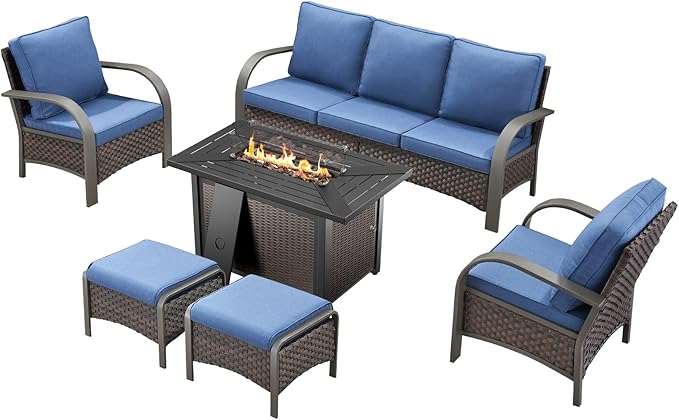 HUMMUH Outdoor Patio Furniture Set with Fire Pit-PE Wicker Patio Chairs Set of 2 with Rattan Sofa Patio Conversation Set for Deck Porch Garden Poolside Backyard-Brown/Blue