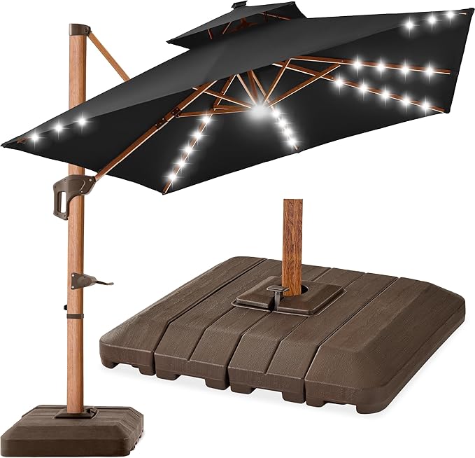 Best Choice Products 10ft Square Cantilever Patio Umbrella w/Base Included, Woodgrain Pattern Pole & Solar LED Lights, 360-Rotation, Offset Hanging Outdoor Shade