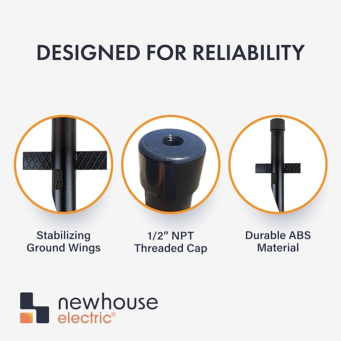17" Outdoor Landscape Lighting Mounting Post – Heavy Duty ABS Ground Stake with Stabilizing Wings & 1/2" NPT Threaded Cap for Flood Lights, Spotlights & Outdoor Fixtures, MPOST17