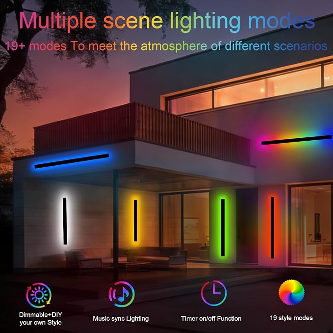 RGB Outdoor Wall Lights, Ip65 Waterproof Linear Led Modern Wall Sconce, 7 Colors and 358 Light Effects, Dimmable with Remote Modern Linear Exterior Light Fixture 59 inch (1 Pack)