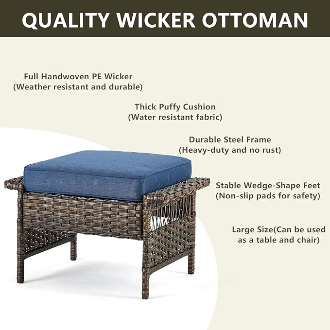 Outdoor Wicker Patio Furniture Set - 5 Piece Rattan Patio Conversation Sets with 2 Rocking Swivel Chairs,2 Ottomans and 1 Sofa for Porch Deck Garden(Brown/Blue)
