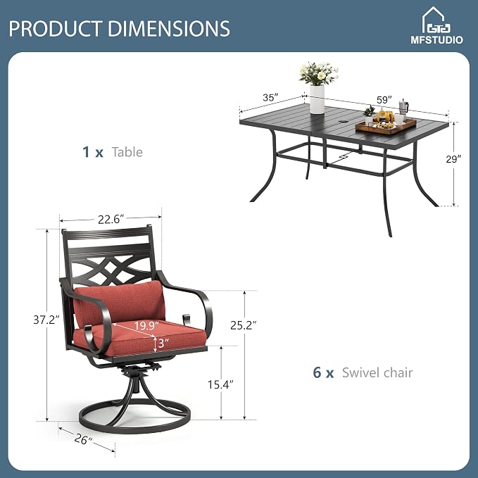 MFSTUDIO 7 PCS, Patio Dining Set, 59"×35", Swivel Chairs, Umbrella Hole | Red, Steel, Metal, E-coated frame