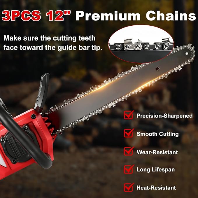 12 Inch Brushless Chainsaw Cordless for Milwaukee 18V Battery, Handheld Electric Chain Saw with 3 Chains, Tool-free Chain Tension and Auto Oiling for Wood Cutting Tree Trimming (Battery Not Included)