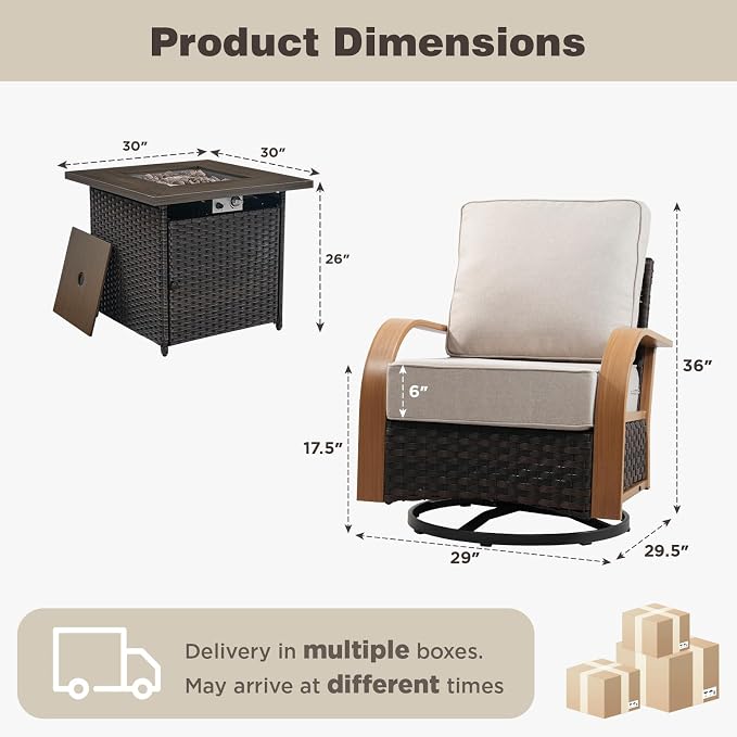 Belord 5 Piece Patio Furniture Set with Fire Pit Table, 4 Outdoor Swivel Chairs All Weather Conversation Set with 6-Inch Thick Cushions, Wicker Furniture for Deck Proch Pool Yard, Wood & Beige