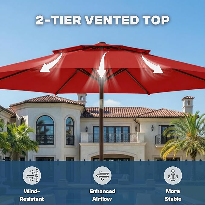 Outdoor Patio Umbrella, 2 Tiers Market Table Umbrella with 8 Sturdy Ribs, Push Button Tilt and Crank, UPF50+ UV Protection for Deck, Pool, Garden and Backyard