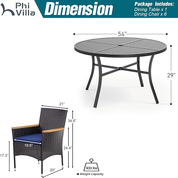 PHI VILLA 7 Pieces Patio Round Dining Set for 6, Large Wrought Iron Outdoor Dining Table with Umbrella Hole & Cushioned Wicker Rattan Chairs, Dining Furniture Set for Deck, Yard, Porch