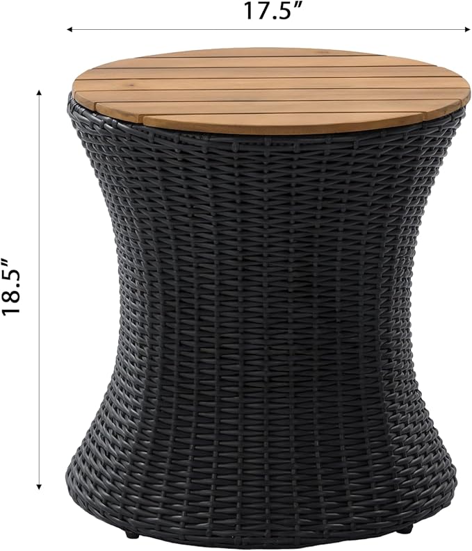 Christopher Knight Home Fenton 17.5" Outdoor Side Table, Round Patio End Table with Wood Top and Wicker Base, Small Outdoor Coffee Table for Balcony Garden Poolside, Accent Garden Stool, Black+Natural
