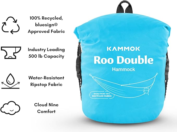 KAMMOK: Roo Double Hammock +Python 10' Bundle | Our Bestselling Hammock & Tree Friendly Straps | 100% Recycled Water Resistant Ripstop Fabric | Lifetime Adventure Grade Warranty, Sky Blue