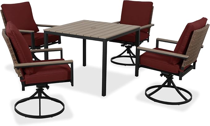 5-Piece Patio Dining Set, 4 Swivel Chairs with Removable Thickened Cushions & Square Table with Umbrella Hole, All-Weather Furniture for Backyard, Garden & Lawn, Red