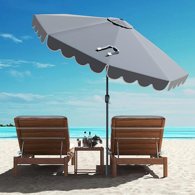 HAPPYGRILL 10 FT Patio Umbrella, Market Table Umbrella w/Crank, Push Button Tilt, Ruffled Edges, Vented Top & 8 Ribs, Outdoor Sun Shade for Poolside Backyard Beach