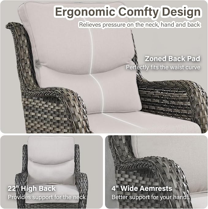 Outdoor Swivel Rocker Patio Chairs with 2 Ottomans - 5" Thick Cushion 5 Piece Furniture Set All Weather Wicker Conversation Set with Side Table for Porch Poolside and Deck - Gray/Beige