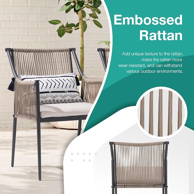 Patiorama 5-Piece Patio Dining Set, Outdoor Dining Table Chair Set, All-Weather Embossed Rattan Wicker Rope Conversation Set w/Umbrella Hole, Patio Furniture Set, 4 Cushioned Chairs&Glass Table(Beige)
