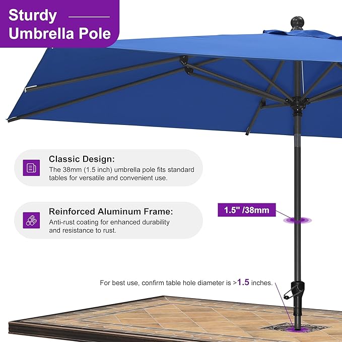 PURPLE LEAF 10' x 6.5' Rectangle Patio Market Umbrella with Base Outdoor Table Umbrellas Aluminum Frame Sun Shade with 8 Sturdy Ribs Tilt for Garden Deck Lawn Pool Sky Blue