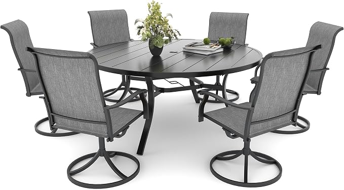 Anmutig 7 Piece Outdoor Patio Dining Set with 6 Swivel Dining Chairs & 54" Round Dining Table, All Weather Dining Furniture Set for Lawn Garden Grey