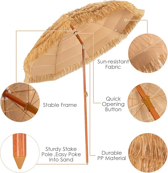 Tangkula 6.5Ft Tiki Patio Umbrella, Hawaiian Style Outdoor PE Grass Umbrella with Tilt Adjustment, 8 Ribs, Portable Thatched Beach Umbrella for Garden, Yard, Poolside