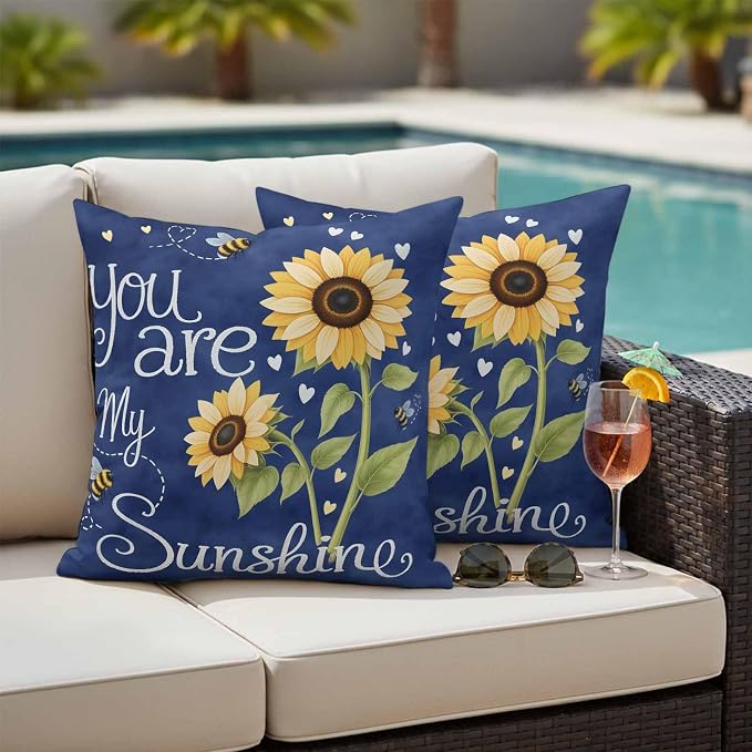 Outdoor Pillow Covers You are My Sunshine Words Decorative Throw Pillow Covers, Farm Sunflowers Bee on Blue Throw Cushion Case with Zipper for Patio,Couch,Sofa,Garden 18x18in Set of 2