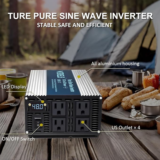 WZRELB 1800W Pure Sine Wave Inverter 48V DC to 110V 120V AC Power Converter with LED Display, Remote Controller, Off-Grid Power Inverter 3600W Surge with 4 AC Outlets,for Home, RV, Truck, Camping
