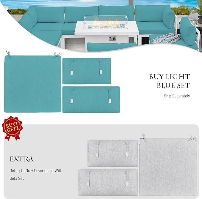 BULEXYARD 9 Piece Large Modern Aluminum Outdoor Patio Furniture Set with Fire Pit Table Propane/Gas, 29 inch Wide Deep Seat, Anti-Rust Comfy Sectional Sofa, 500 lbs Sturdy Conversation Set, Turquoise