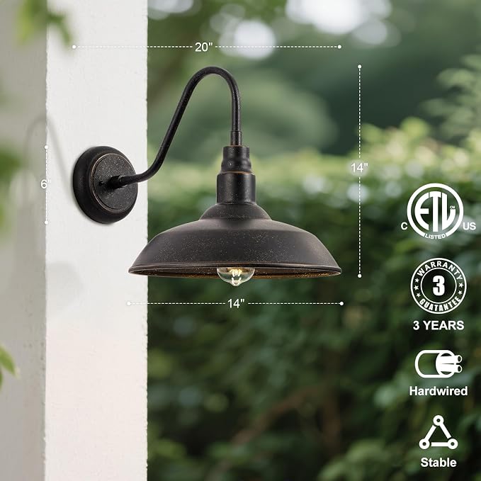 14in Outdoor Gooseneck Barn Light for Garage, 2 Pack Bronze Exterior Wall Lights Fixture for Porch, Outside Farmhouse Wall Sconce for Patio, Cabin, Entryway