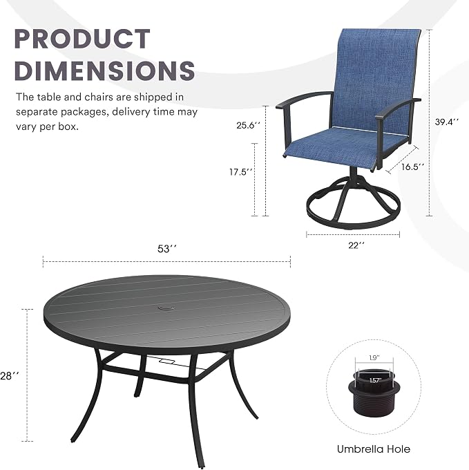 7 Pieces Outdoor Patio Dining Table Set, 53" All Weather Round Metal Table with Umbrella Hole and 6 High Back Textilene Swivel Chairs for Garden, Lawn, Poolside, Black Table & Blue Chairs