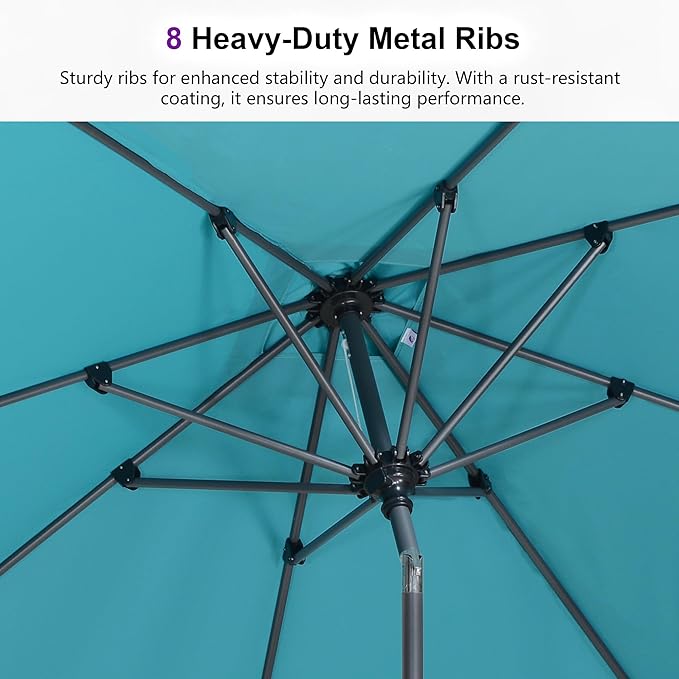 PURPLE LEAF 8' Round Patio Umbrella Outdoor Table Umbrella Aluminum Frame Market Umbrella Sun Umbrella with 8 Sturdy Ribs Tilt for Garden Deck Lawn Pool Turquoise Blue