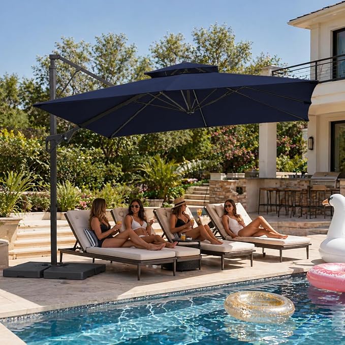JEAREY 10ft 2-Tier Cantilever Patio Umbrella, Large Square Outdoor Offset Umbrella with Double Top Vent and 360-degree Rotation for Garden, Deck, Pool, Patio, Navy