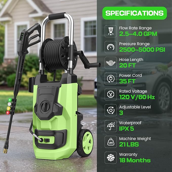 Electirc Pressure Washer 5000 PSI with 3 Levels Adjustable Pressure Gun, Portable Pull-Handle, 4 Nozzles and Foam Cannon, Heavy Duty Pressure Cleaner for Home/Car/Fence/Garden, Green