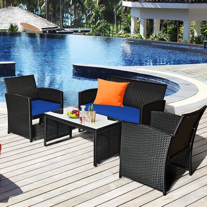 COSTWAY 4 Pieces Patio Rattan Furniture Set, Outdoor Wicker Conversation Set with Soft Cushions & Tempered Glass Coffee Table, Cushioned Chair Sofa for Backyard, Porch, Poolside, Lawn, Garden, Navy