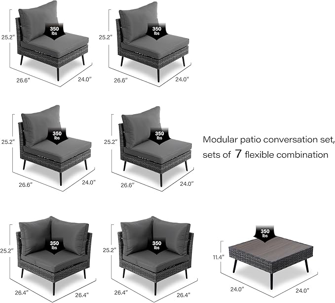 LAUSAINT HOME 7-Piece Patio Conversation Set, Modular Outdoor Sofa with Thick Cushions, All-Weather PE Rattan Sectional Seating for Garden, Backyard & Deck, Grey
