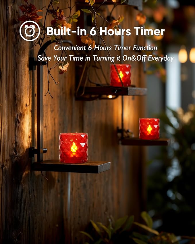 Homemory 2" x 2" Acrylic Votive Candle Holders with Auto Timer Flameless Led Tealight, Battery Powered Fake Electric Candles for Wedding Centerpiece, Table, Christmas Decor (12Pack, Red Base)