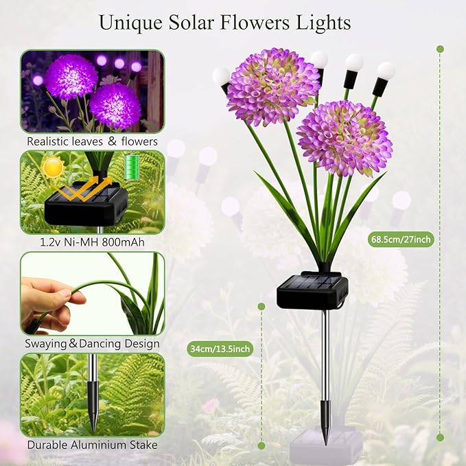 Solar Lights Outdoor Waterproof, 2 Pack Purple Solar Firefly Swaying Lights with Flowers, Flower Light Garden Decor for Outside Yard Patio Halloween for Women Grandma