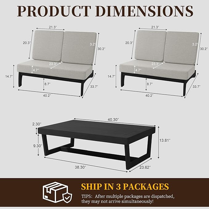 UIXE All Weather Patio Furniture Sets, 3 Pieces Black Wood Patio Loveseat Sofa Outdoor Sectional Futniture Backyard Conversation Set with Solid Wooden Coffee Table - Light Camel