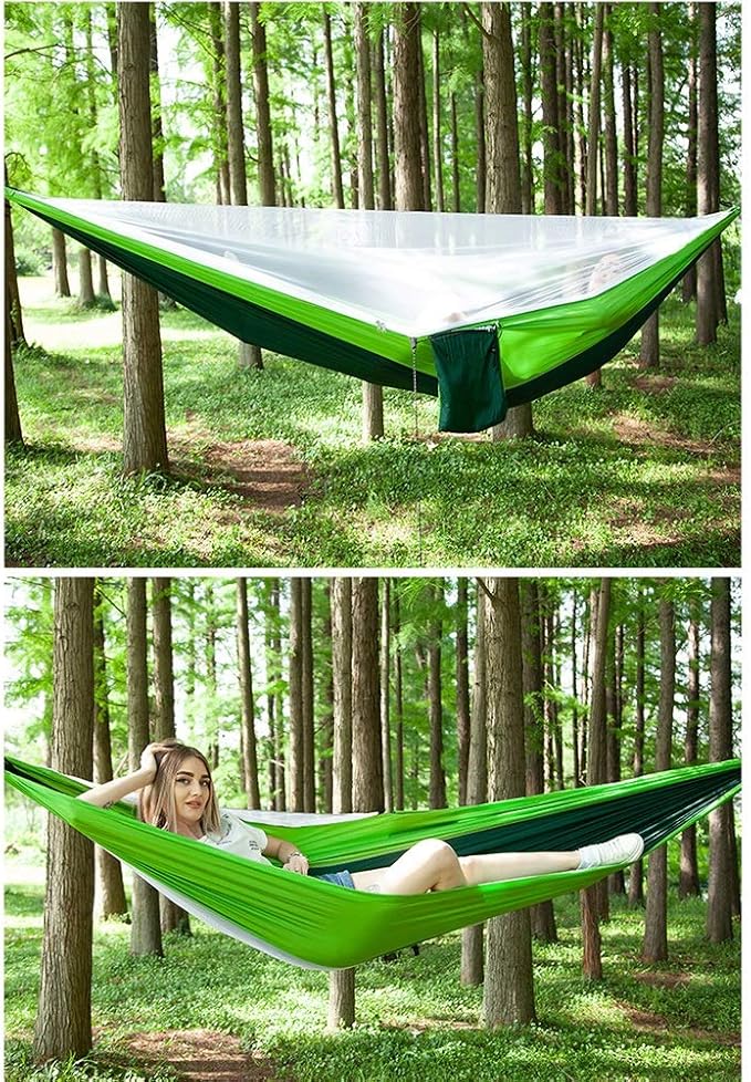 Camping Hammock, Hammock Automatic Speed Open Outdoor Leisure with Mosquito Net Single Double Ultra Light Quick-Drying Parachute Cloth Camping Swing(Gray)