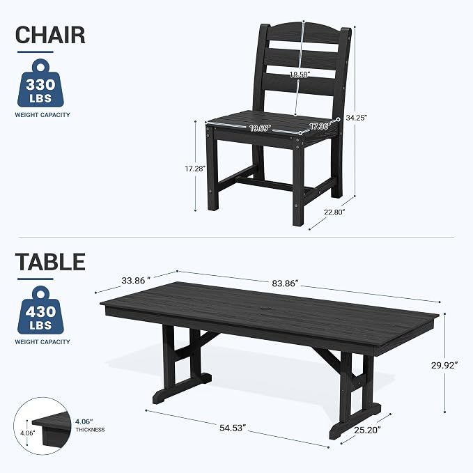 KINGYES 8-Person Outdoor Patio Dining Set with Patio Umbrella,84 inch HDPE Rectangular Table and Chairs Set，Waterproof Furniture Set with Umbrella Hole for Backyard,Black
