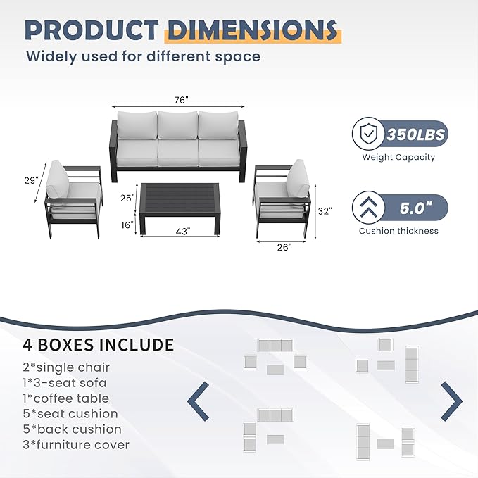 Amopatio Aluminum Patio Furniture Set, 6 Pieces Modern Patio Conversation Sets, Outdoor Sectional Metal Sofa with Coffee Table for Balcony, Garden (Included Waterproof Covers)