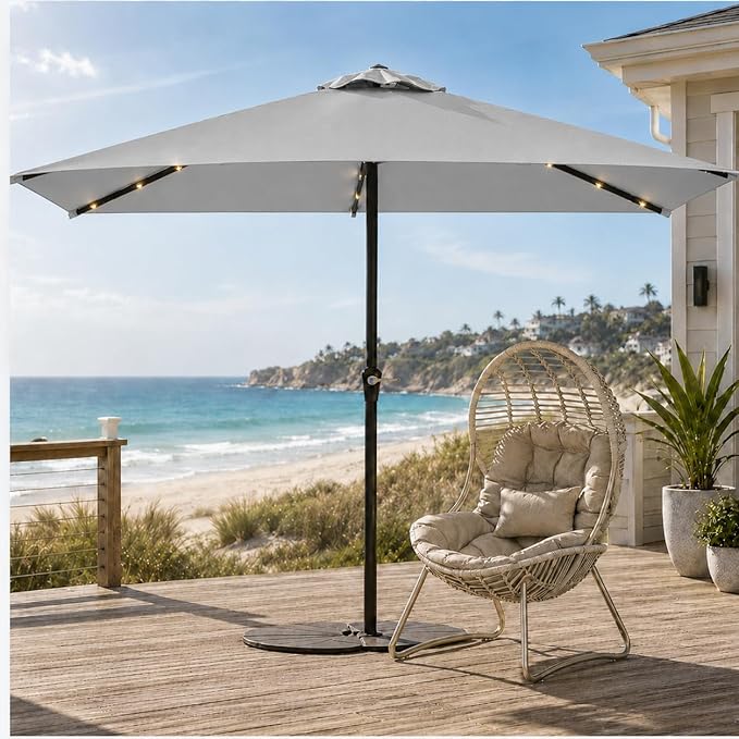 6.5 x 10ft Rectangular Patio Umbrella with Solar Lights, 16 LED Lighted Market Umbrella with Push-Button Tilt and Crank, 6 Sturdy Iron Ribs for Garden, Deck, Pool, Light Gray