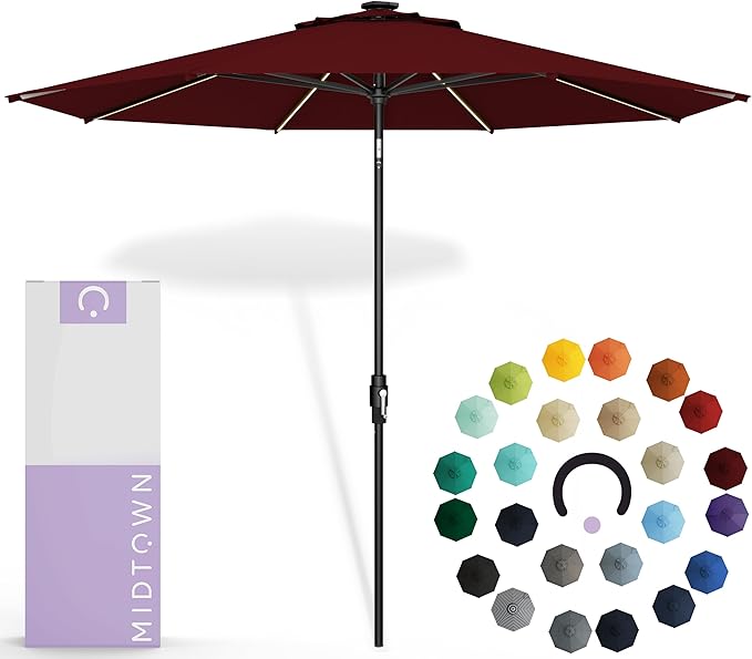 Midtown Umbrellas Led Swilt Sunbrella Umbrella, 8 Foot Patio Umbrella In Sunbrella Burgundy Acrylic Fabric - Deck Patio Umbrella, Backyard Umbrella, Garden Umbrella & Pool Umbrella - Black Pole