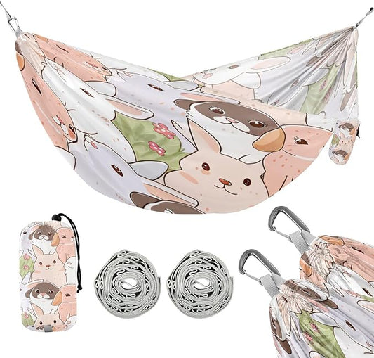 Pink Bunny Camping Hammock, Portable Lightweight Single Hammock with Tree Straps and Aluminum Carabiners, 114" x 54" Travel Hammock for Hiking Backpacking Beach